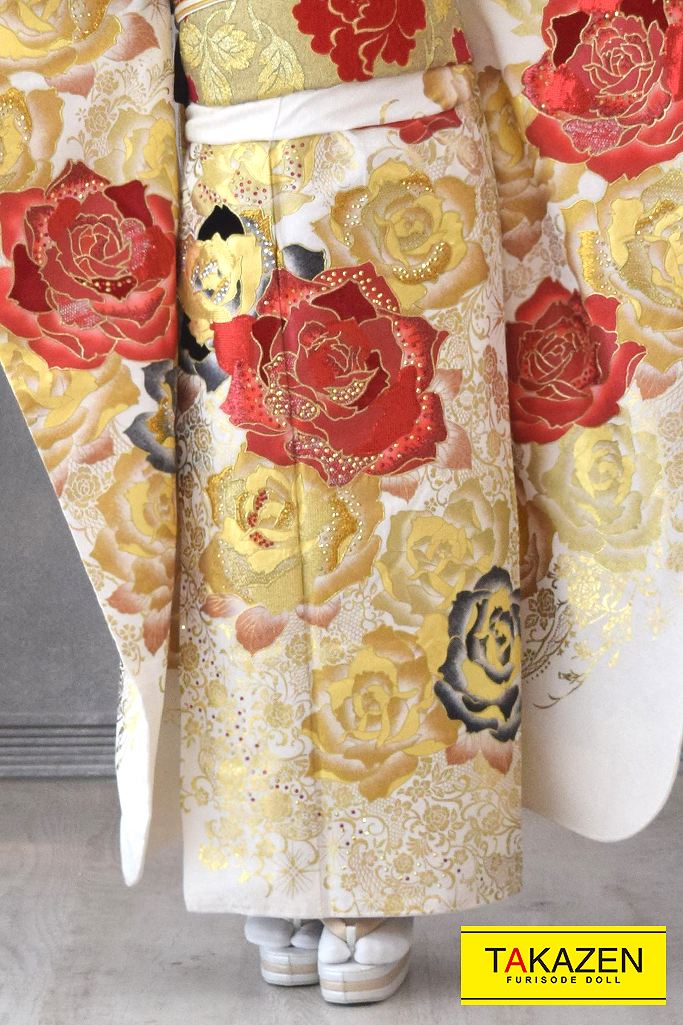 ゴージャス系モード　白/金/赤　薔薇柄　豪華スワロフスキー付き　派手振袖ネットレンタル 　YK223