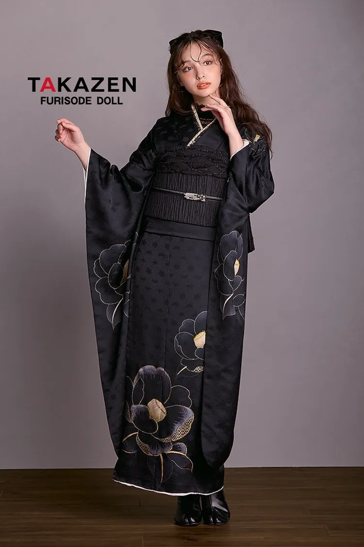 ヴィンテージスタイル　黒/オールブラック　椿　おしゃれ　シンプル　ワンポイント　柄少なめ　シック　ブーツスタイル　香川るな　26068