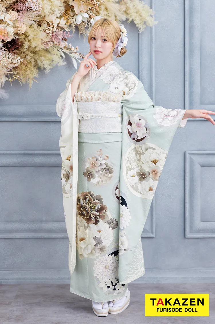 くすみカラー古典　ミントグリーン/淡色　牡丹柄　大人っぽい　淡い色　綺麗　清楚　玉城ティナ×紅一点振袖　24072