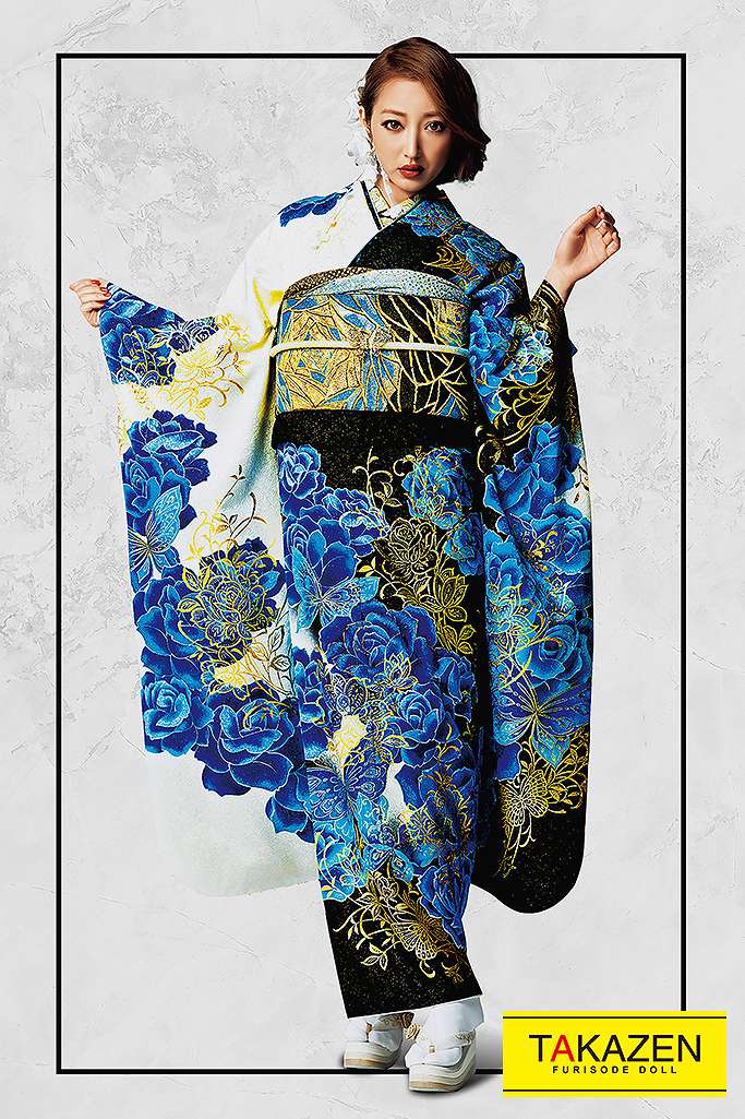 グラマラス系モー白/黒/黒/青　バラ柄/柄多め　　人気　クール系　派手　かわいい　目立つ振袖ネットレンタル　32116
