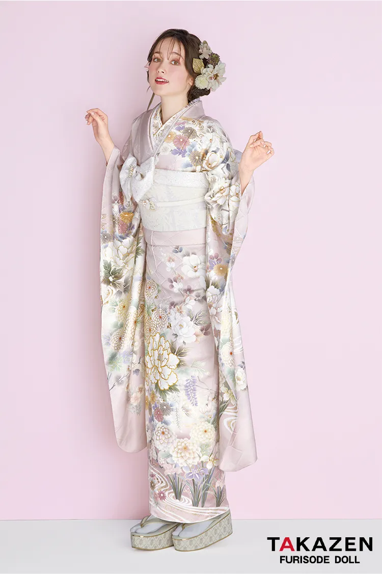 最新作くすみカラー古典　薄ピンク/淡い色　東京レトロブランド振袖　牡丹柄　清楚　トレンド振袖ネットレンタル　周防ジゼル　27059