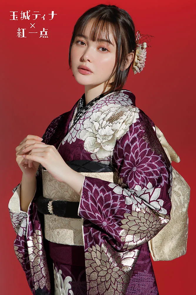 玉城ティナ×紅一点ブランド振袖ネットレンタル　ワインレッド/紫　大柄/乱菊　豪華　大人っぽい　古典柄　目立つ　かっこいい　K1181