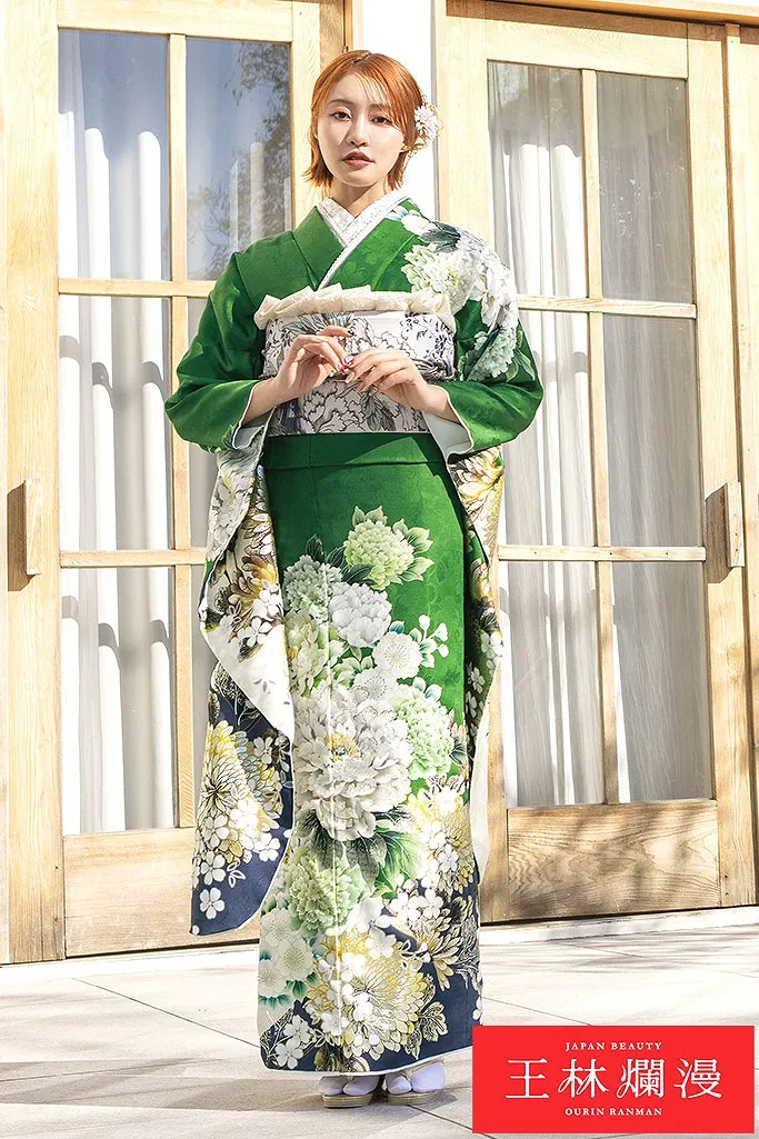 王林爛漫ブランド振袖ネットレンタル　緑　牡丹柄　爽やか　綺麗系　大人っぽい　王道古典柄　清楚　おしとやか　K1189