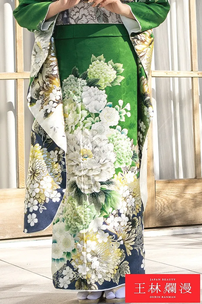 王林爛漫ブランド振袖ネットレンタル　緑　牡丹柄　爽やか　綺麗系　大人っぽい　王道古典柄　清楚　おしとやか　K1189