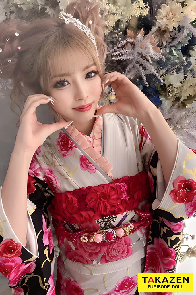 キュートガーリー　白/ピンク/黒　バラ柄　セシルマクビー　ブランド振袖ネットレンタル　派手　かわいい　ゆいちゃみ　32156