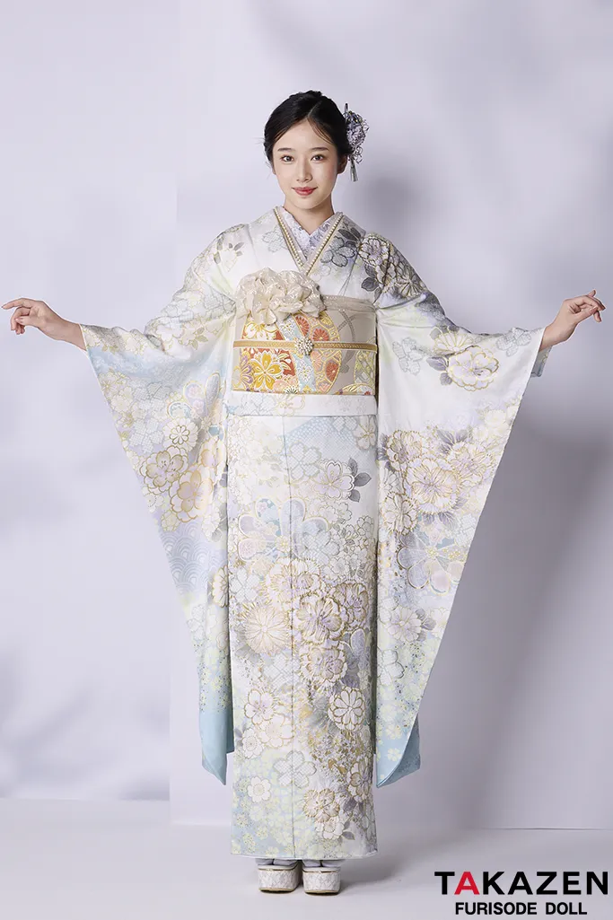 最高級古典柄振袖　関芳/最高級金彩刺繍絞り友禅　水色/白/淡い色　おしとやか　上品　透明感のある振袖　天翔天音　26037