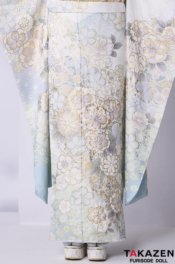 最高級古典柄振袖　関芳/最高級金彩刺繍絞り友禅　水色/白/淡い色　おしとやか　上品　透明感のある振袖　天翔天音　26037