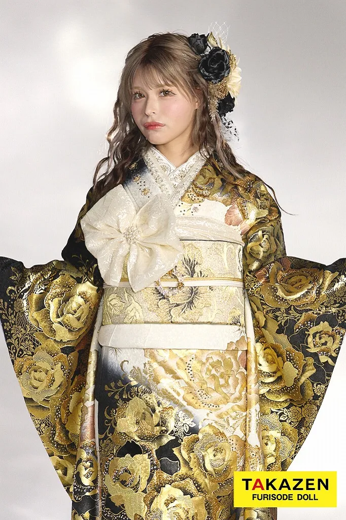 グラマラス　白/黒/ゴールド(金色)　バラ柄　派手　1番目立つ　ギャル振袖　スワロフスキー史上最多数　キラキラ　ゴージャス　今井アンジェリカ　21050