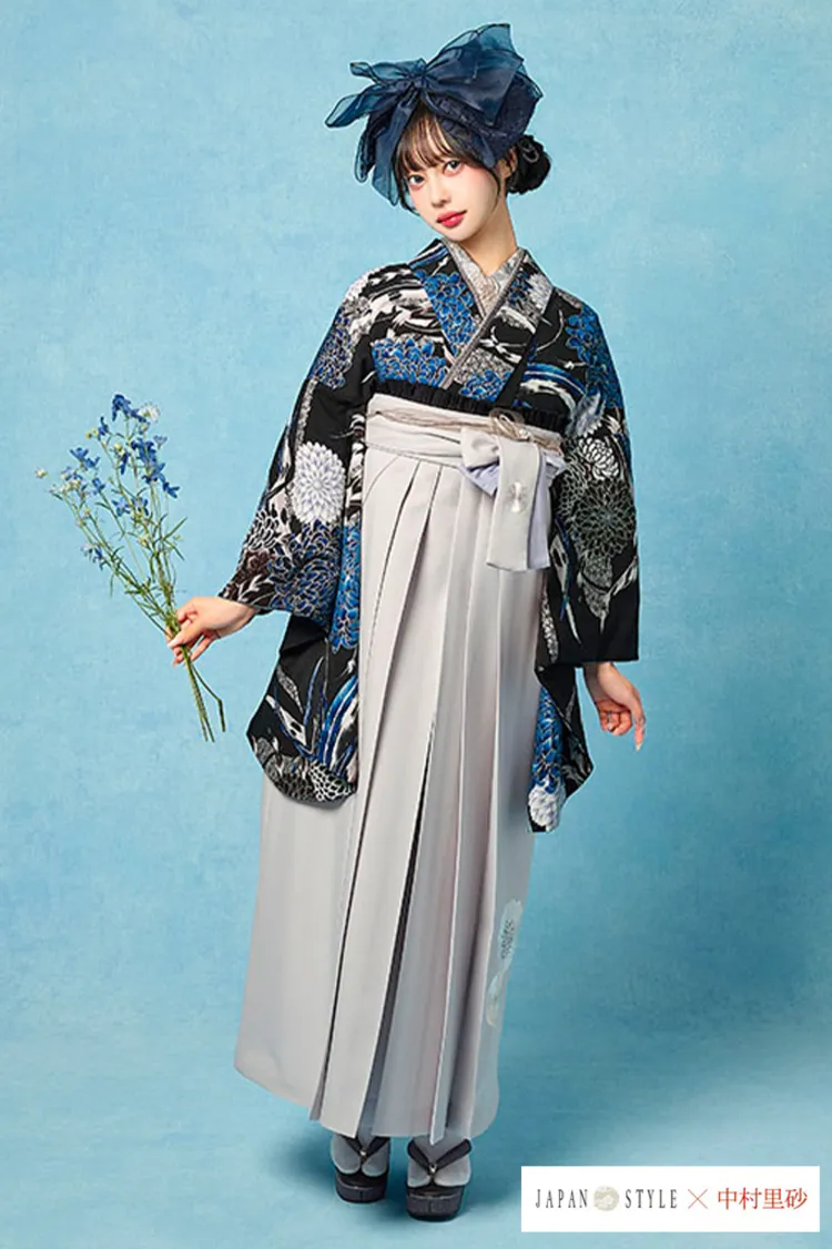 JAPAN STYLE×中村里砂ブランド袴ネットレンタル　古典柄　黒/青　乱菊　かっこいい　大人っぽい　R26094