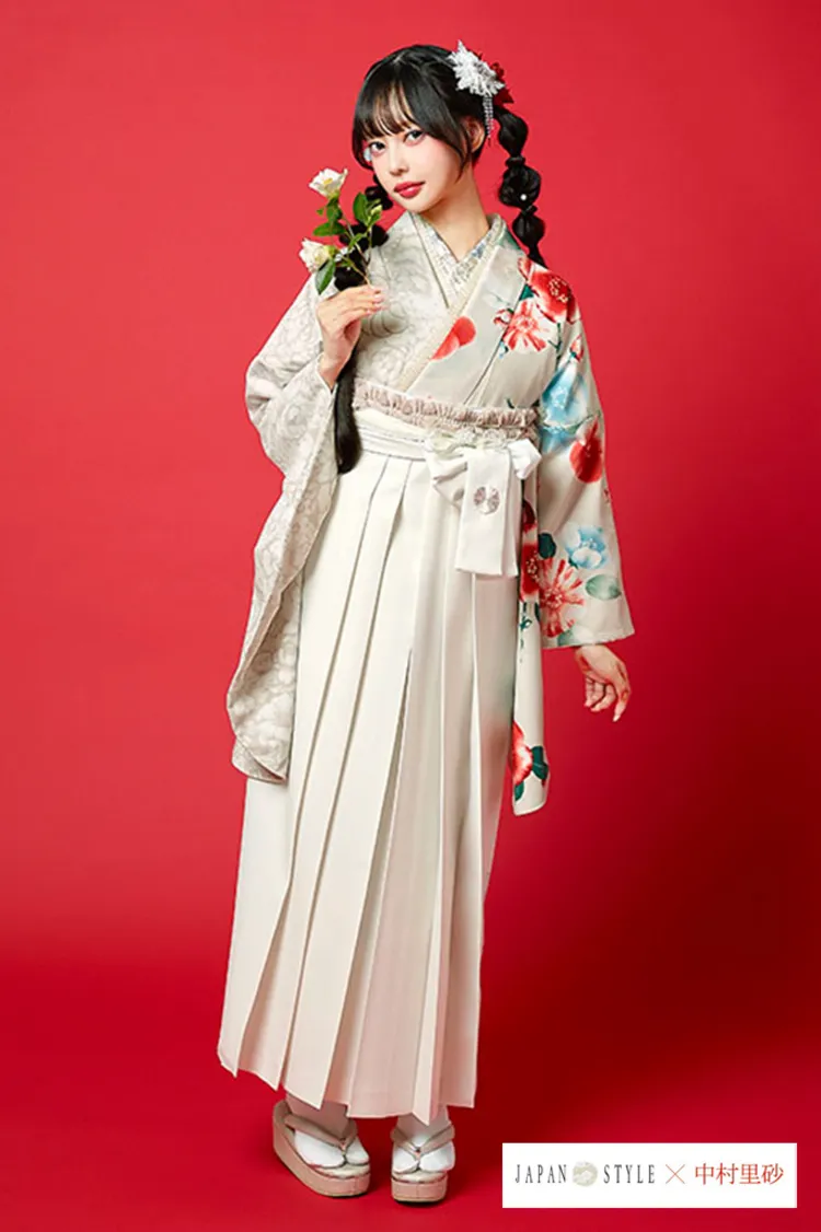 JAPAN STYLE×中村里砂ブランド袴ネットレンタル　ベージュ/くすみカラー　水彩画風/椿　アンニュイ　和モダン　R26099