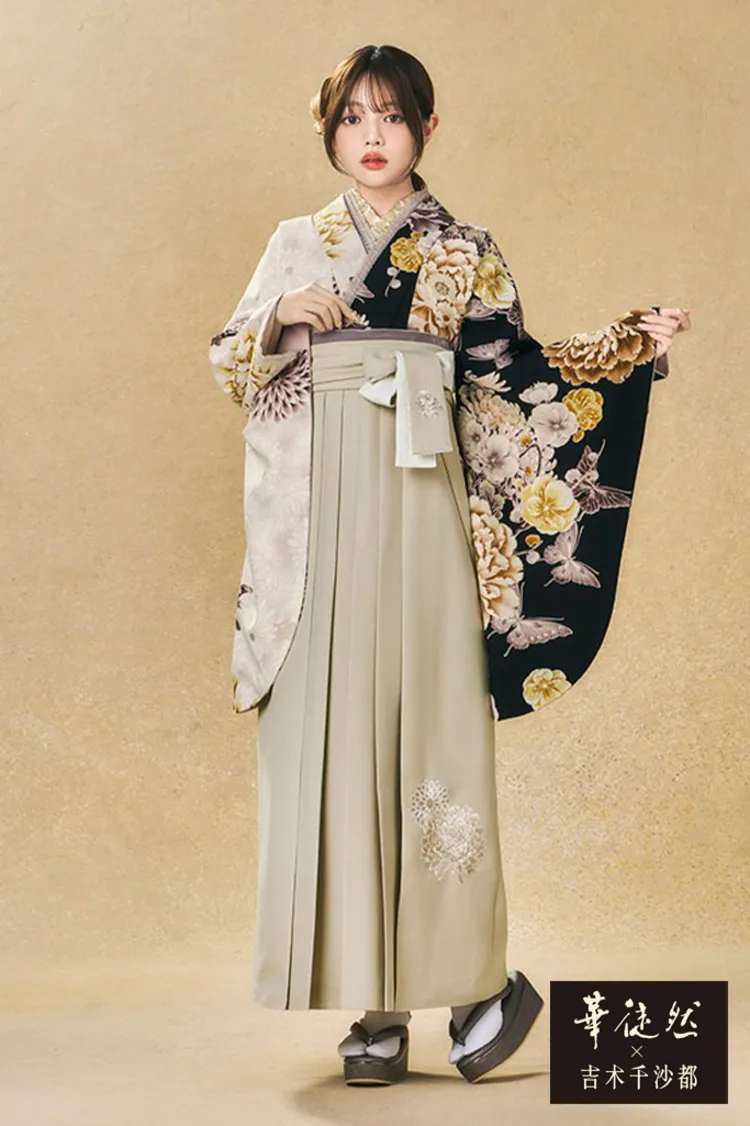 華徒然×吉木千沙都ブランド袴ネットレンタル　グレー　ボタニカルフラワー　地雷系袴　ダスティーカラー　おしゃれ　R27045