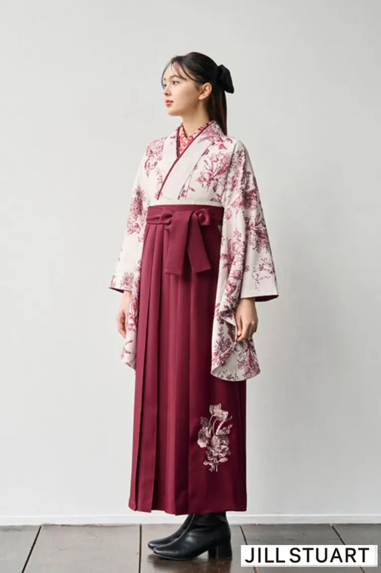 JILL STUARTブランド袴ネットレンタル　ヴィンテージスタイル　アイボリー/赤　ボタニカルフラワー　控えめ　かわいい　ブーツコーデ R27023