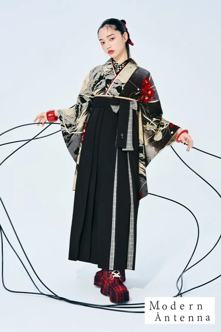 モダンアンテナブランド袴ネットレンタル　黒/グレー　夜空と花とケーブル　レトロ　個性派袴　かっこいい　編み上げブーツスタイル　R27037