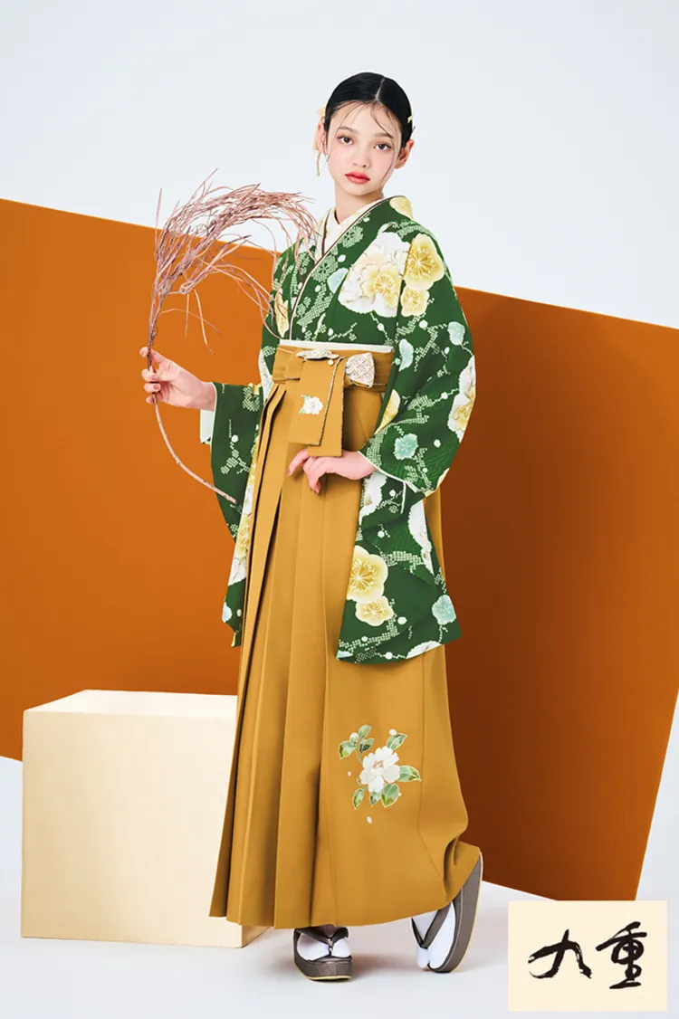九重ブランド袴ネットレンタル　緑　桜柄　正統派古典　王道　上品　清楚　大人っぽい　教員袴にもおすすめ　R27026
