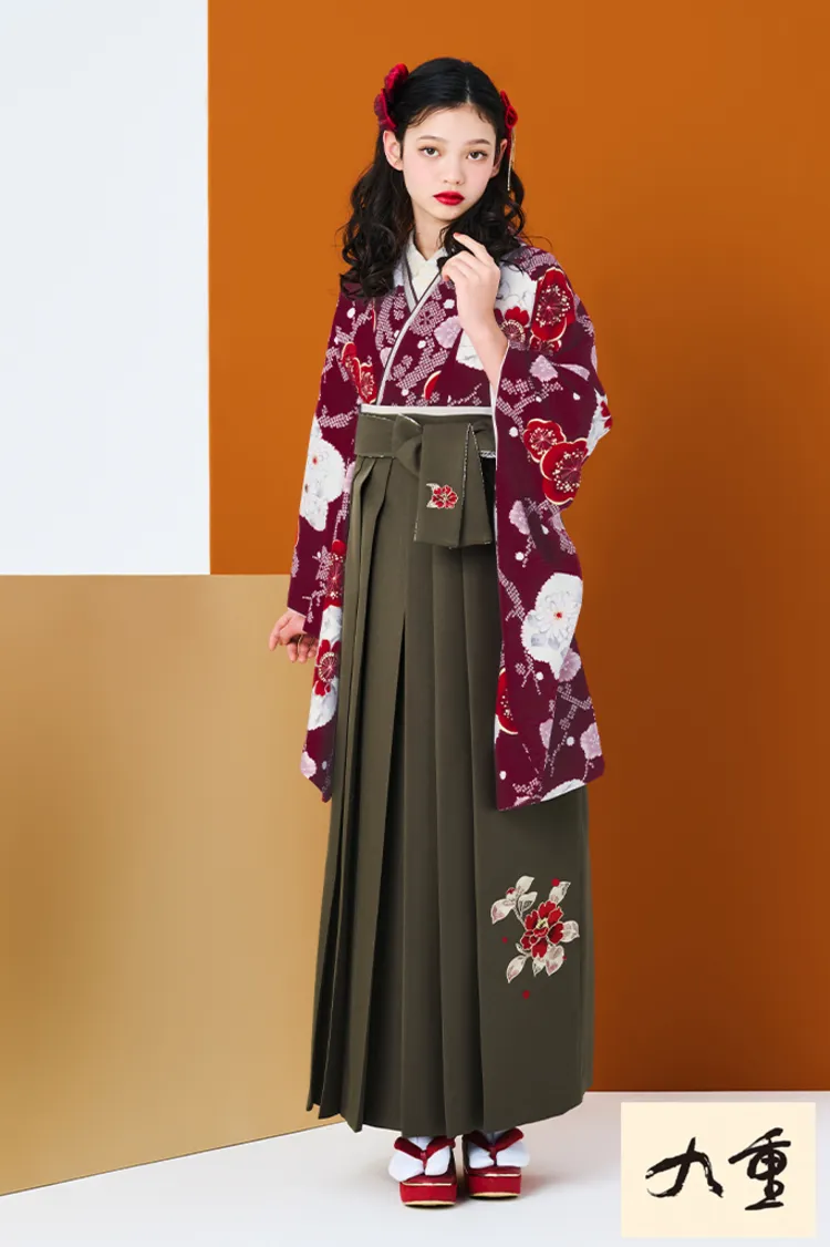 九重ブランド袴ネットレンタル　エンジ/ワインレッド　桜柄　正統派古典　大正ロマン　清楚　大人っぽい　落ち着いた袴　27027