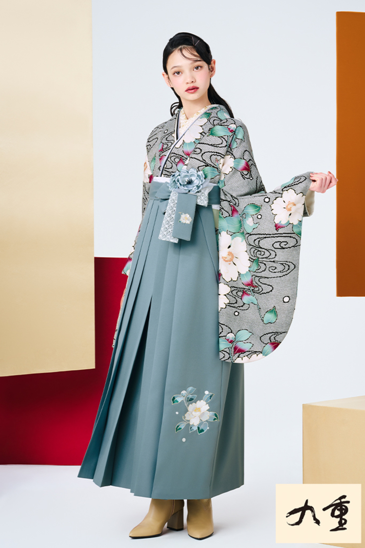 九重ブランド袴ネットレンタル　グレー　絞り風　正統派古典　きれいめ　大人っぽい　清楚　高級感のある袴　ブーツスタイル　R27029