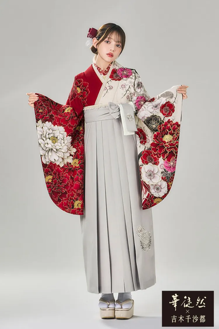 華徒然×吉木千沙都ブランド袴ネットレンタル　白赤　牡丹柄　人気　片身替わり　正統派古典　清楚　王道　R27042