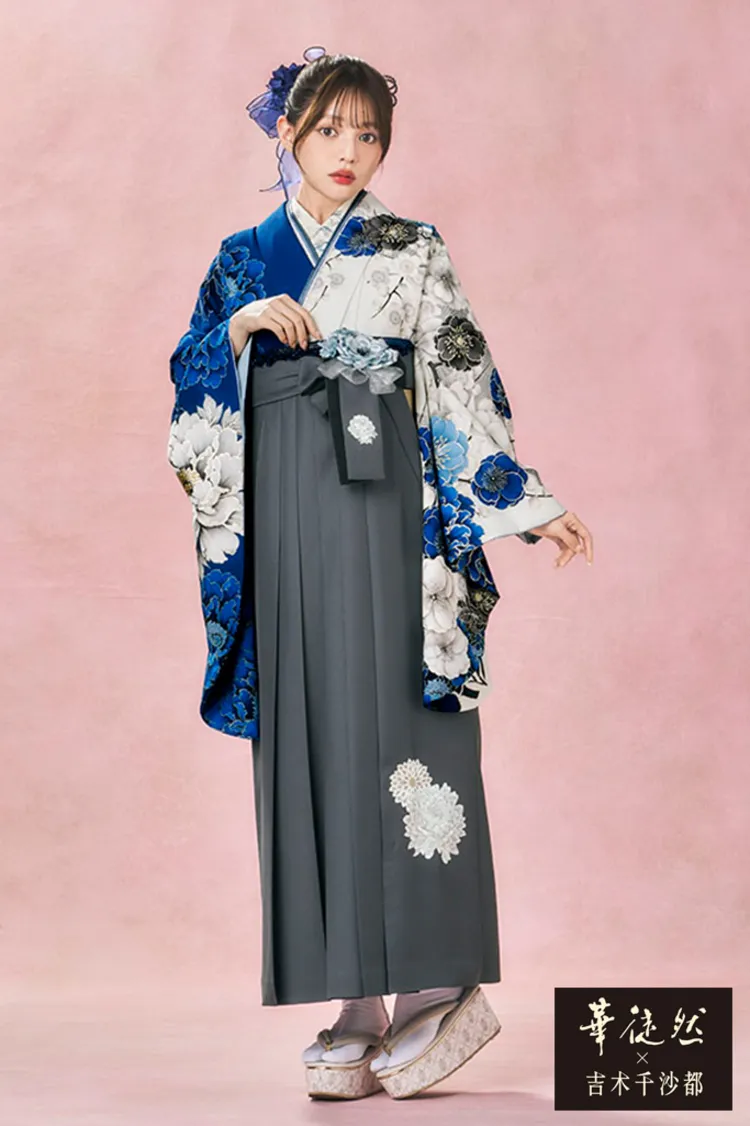 華徒然×吉木千沙都ブランド袴ネットレンタル　白青　牡丹柄　人気　片身替わり　正統派古典　清楚　王道　R27043