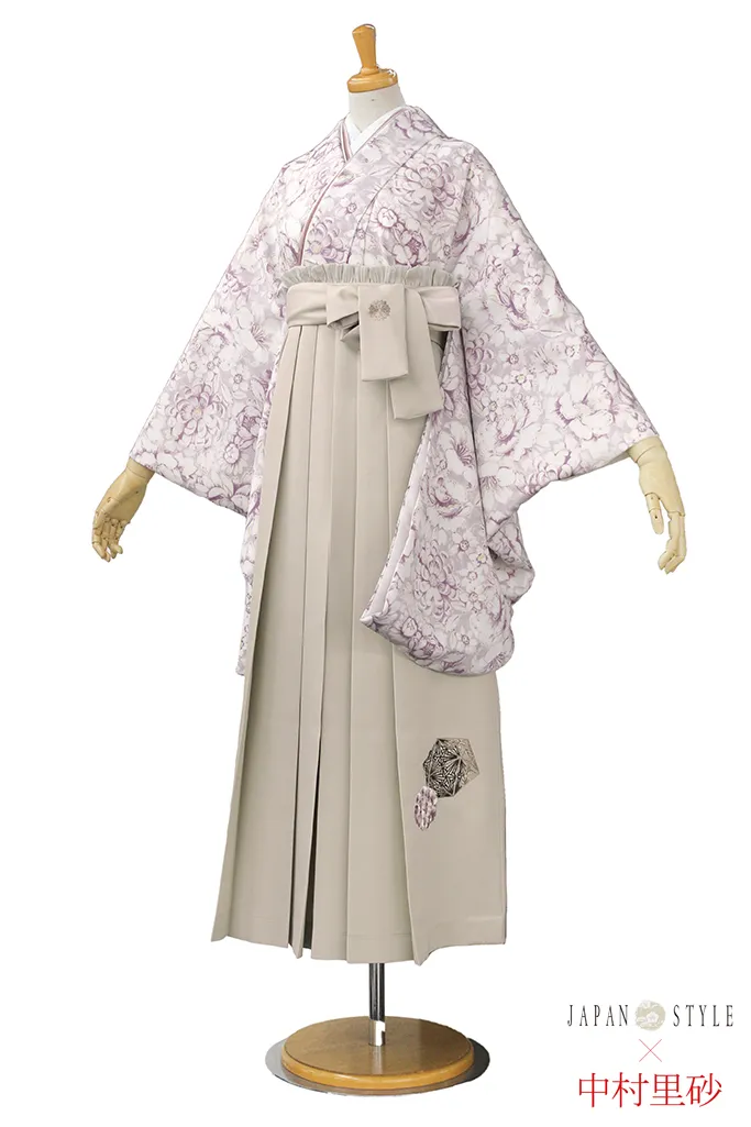 JAPAN STYLE×中村里砂ブランド袴ネットレンタル　ダスティーピンク/白　洋風花柄　可愛らしい　ガーリー　リボンスタイル　オフカラー　R24053