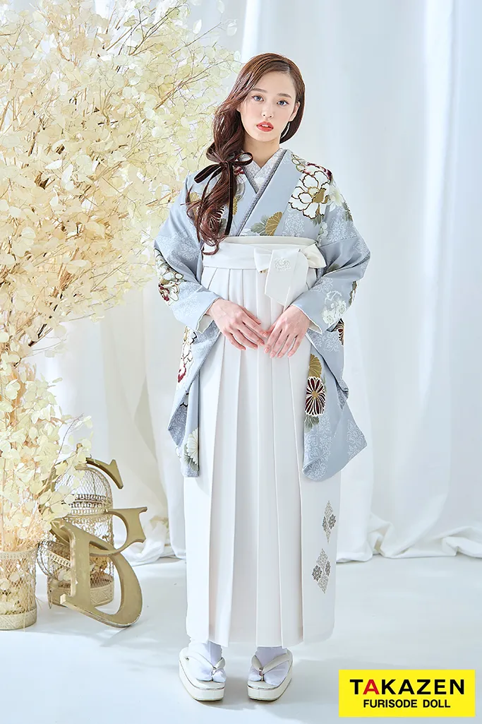 くすみカラー古典　ライトグレー/ニュアンスカラー　牡丹柄/菊柄　清楚　大人っぽい　おしとやか　綺麗系　くすみ系　袴ネットレンタル　R26024
