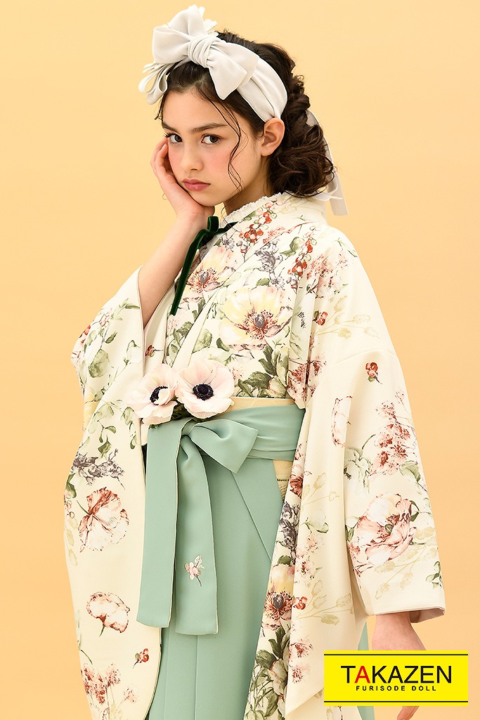 最新トレンドくすみカラー袴ネットレンタル(女の子らしい着こなし)　クリーム/アイボリー　K22009