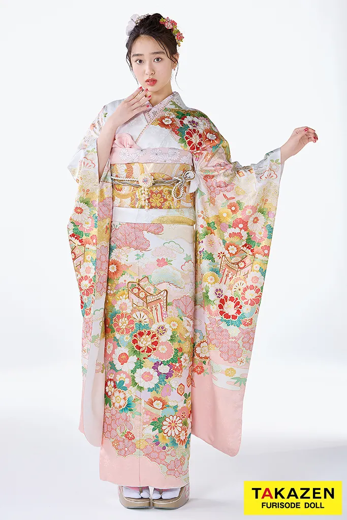 プレミアム古典　吉澤織物/最高級金彩手描友禅　白ピンク　かわいい　吉祥の晴れ着　田中優子の世界　藤岡舞衣　26027