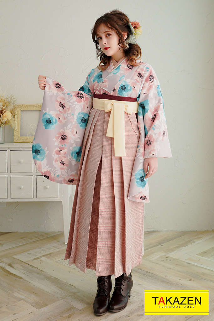 量産型かわいい系袴ネットレンタル(ふんわり淡色)　くすみピンク/水色　K23029