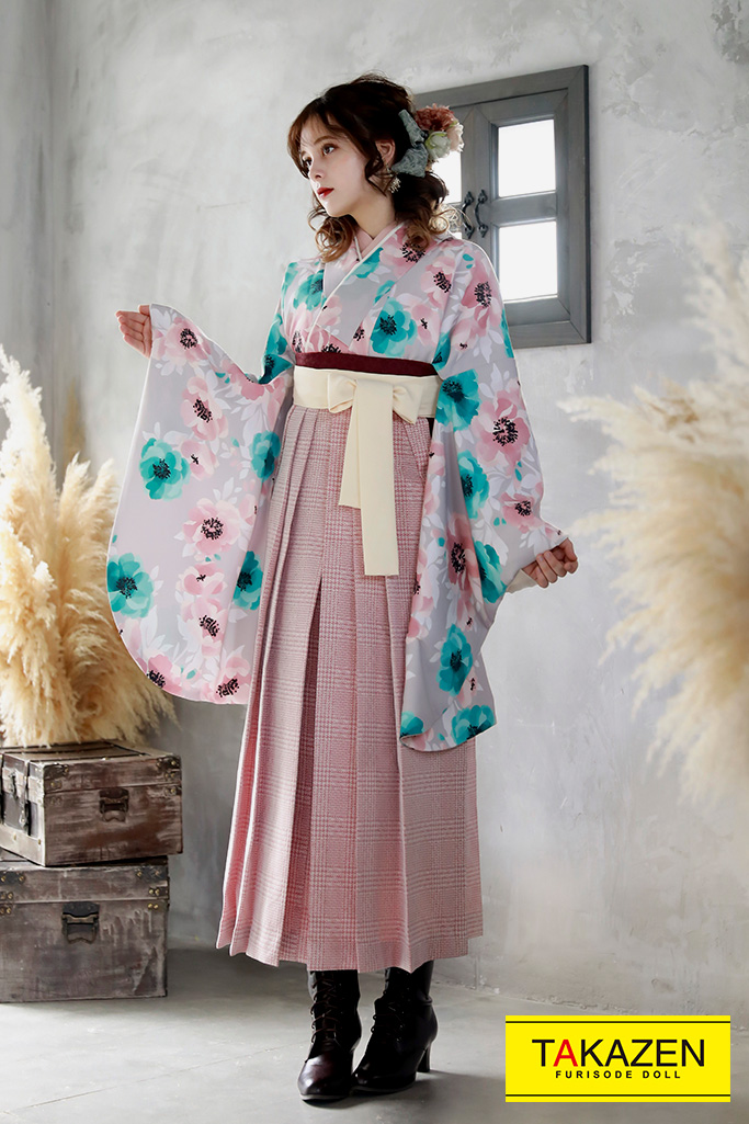 キュートガーリー　くすみピンク/水色　花柄　ふんわり淡色　 量産型　かわいい系袴ネットレンタル 　K23029