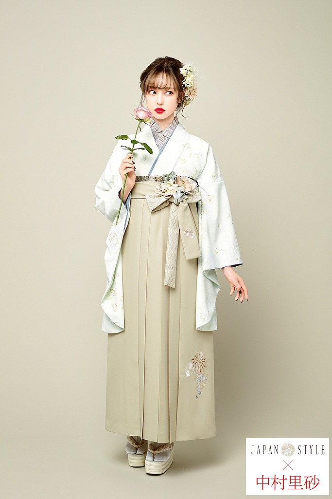 JAPAN STYLE×中村里砂袴ネットレンタル　白/グレー　菊柄　アンティーク調　かわいい　レトロ　色薄目　フリル襟　組み合わせ自由　R22012