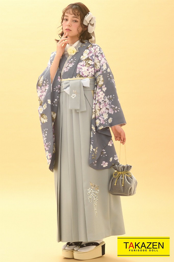 人気くすみ同系色コーデ袴ネットレンタル(やわらかい花柄)　グレー/グレージュ　K23004