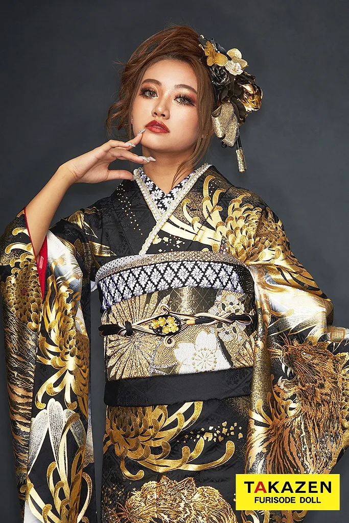 ジャパンモード　黒/ゴールド(金色)　本家虎柄　絶対目立つ　渋い　ド派手　インパクト抜群　被らない　ギャル振袖　中村りおん　22045