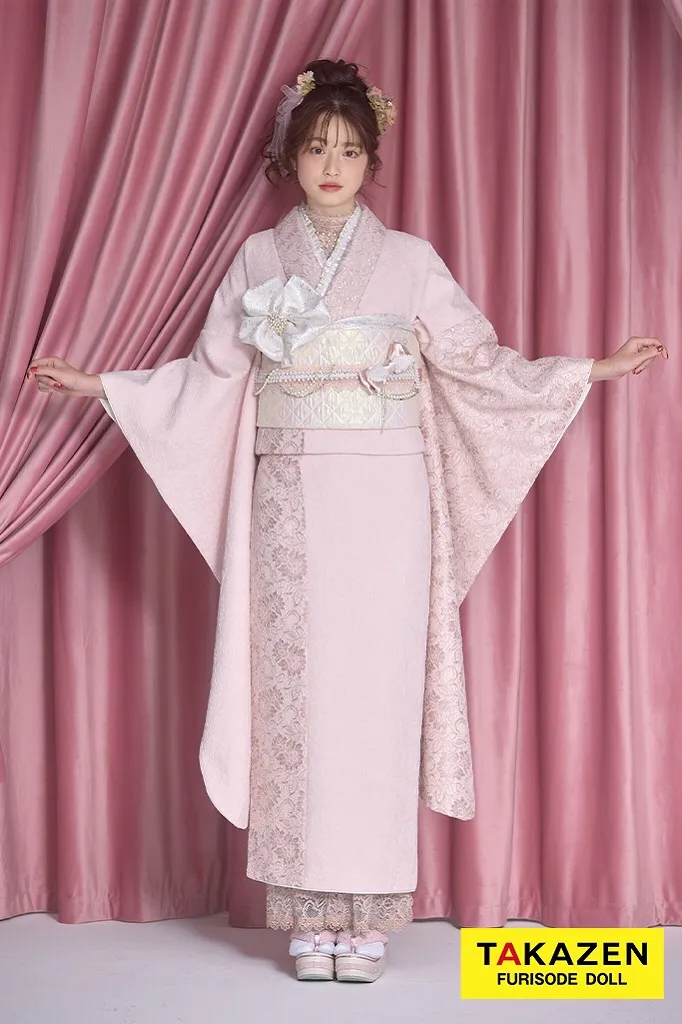 最新作くすみカラーガーリー　ピンク/淡い色　無地　レース/ジャガード生地　かわいい振袖　フェミニン　量産型　レースインナーコーデ　葛西杏也菜　26055