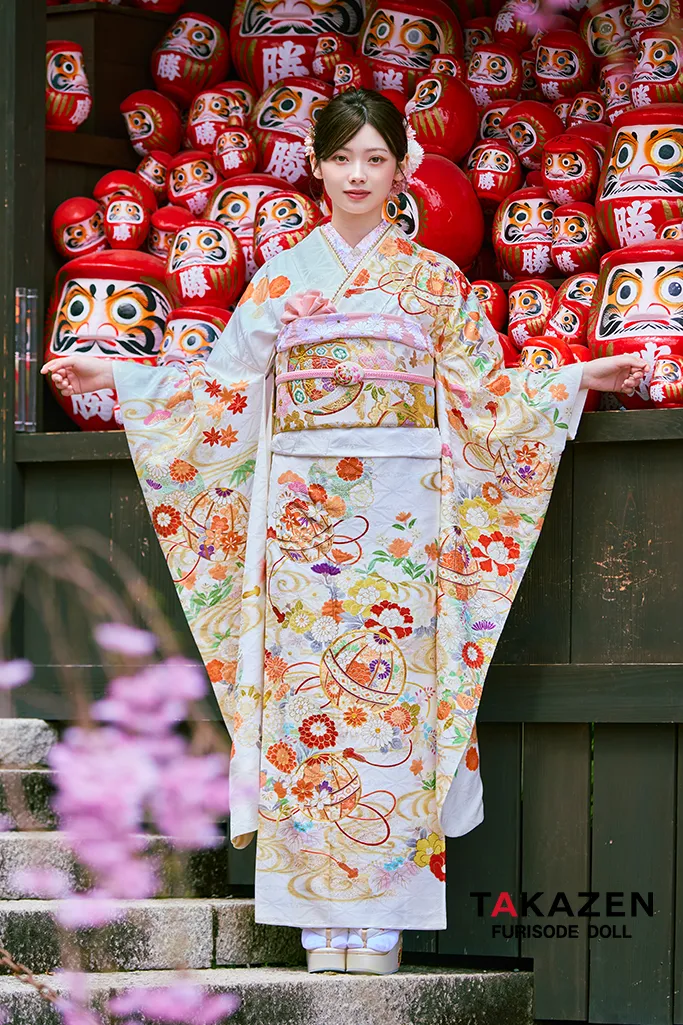 正統派古典　白/白ベース　鞠柄/牡丹柄　かわいい　綺麗系　柄小さめ　おしとやか　上品　振袖ネットレンタル　LB43