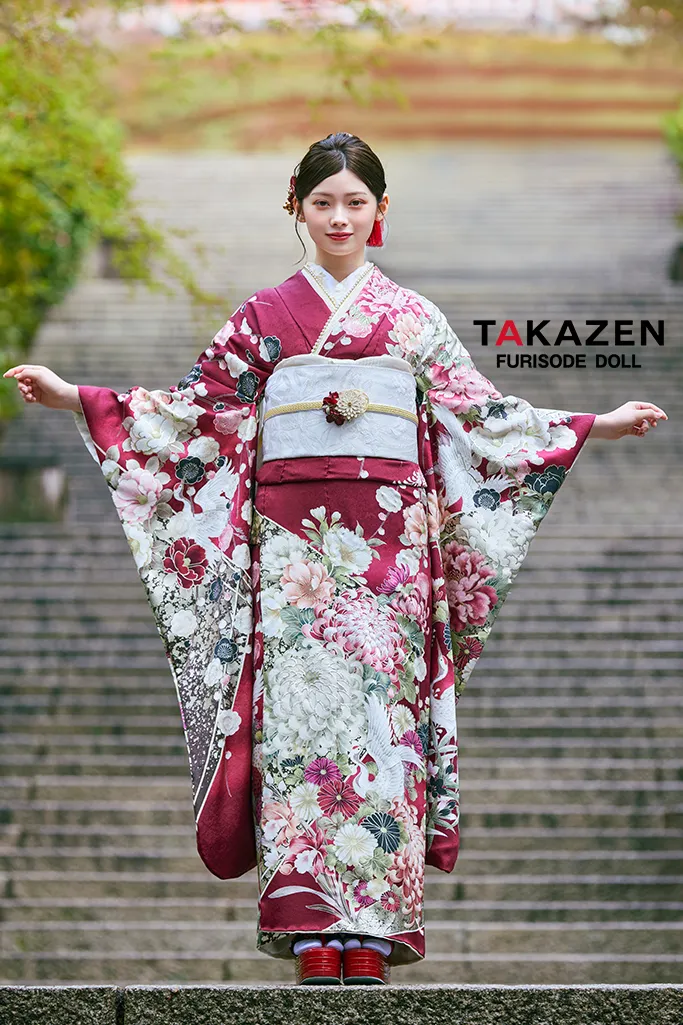 正統派古典　ワインレッド/エンジ　鶴柄/乱菊　大人っぽい　綺麗系　華やか　清楚　美しい　振袖ネットレンタル　LB45