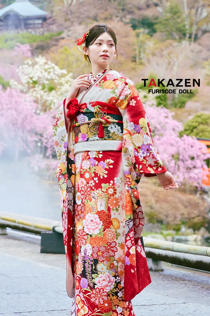 正統派古典　白赤　IKKO振袖　牡丹柄/御所車　定番人気　綺麗　華やか　清楚　美しい　上品　振袖ネットレンタル　LB46