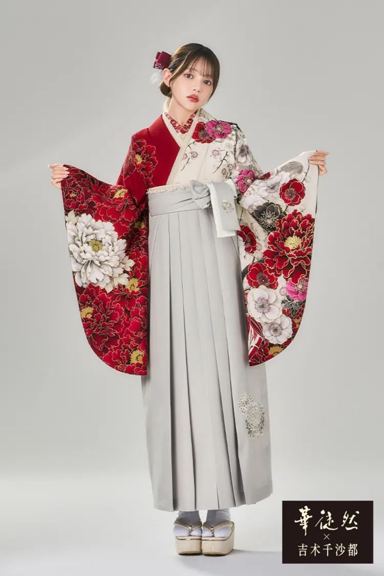 華徒然×吉木千沙都ブランド袴ネットレンタル　白赤　牡丹柄　人気　片身替わり　正統派古典　清楚　王道　R27042