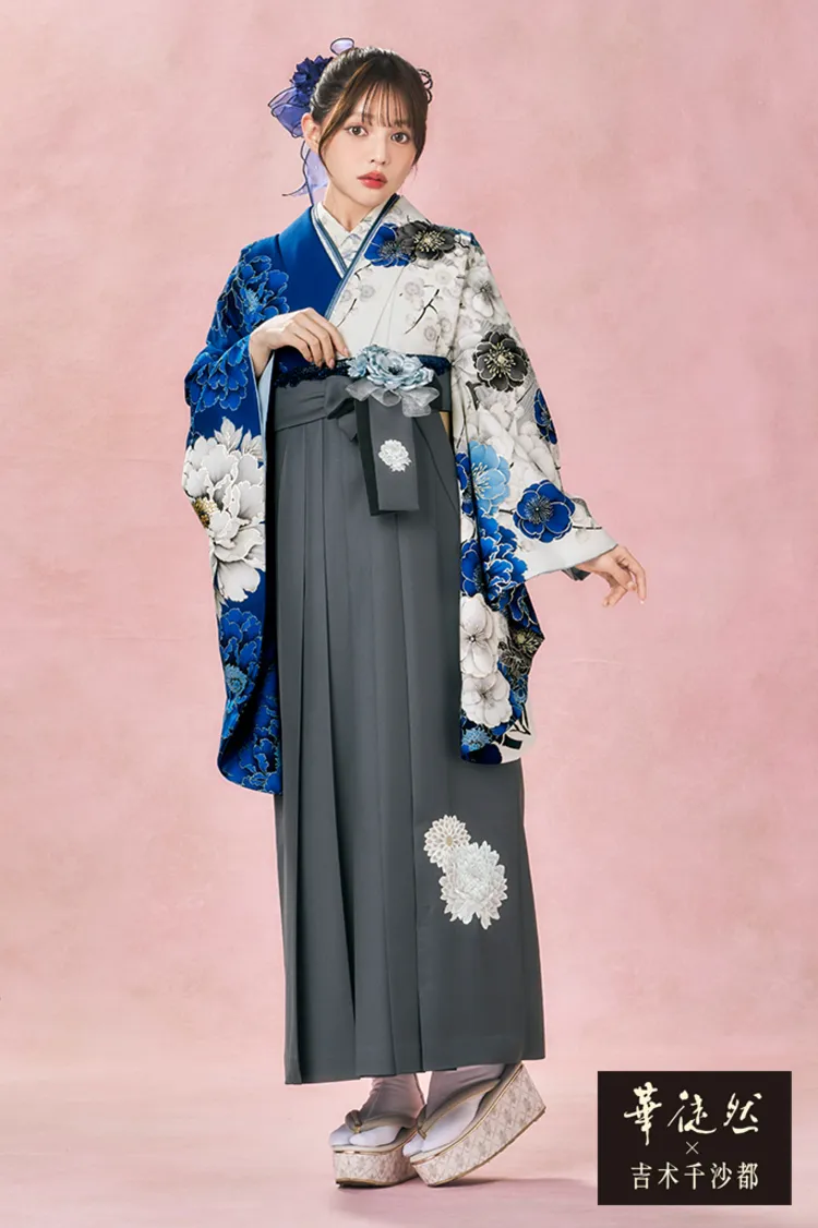 華徒然×吉木千沙都ブランド袴ネットレンタル　白青　牡丹柄　人気　片身替わり　正統派古典　清楚　王道　R27043