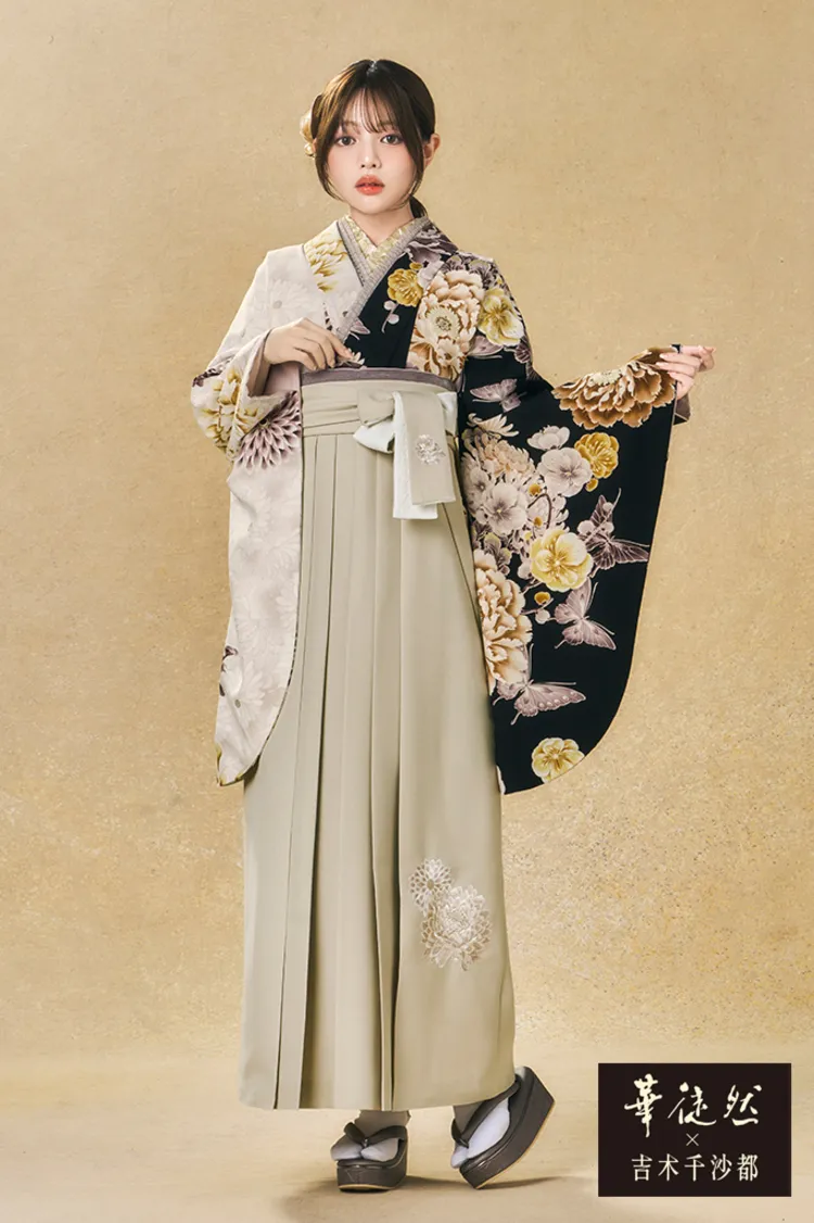 華徒然×吉木千沙都ブランド袴ネットレンタル　黒/アイボリー　和柄/蝶々柄　大人っぽい　くすみ系　きれいめ袴 　R27047