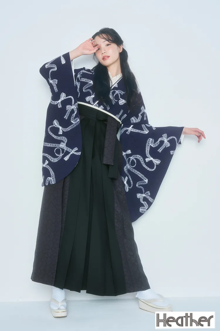 Heatherブランド袴ネットレンタル　ネイビー/紺色　リボン柄　フェミニン　ガーリー　かわいい　人と被らない袴　R27034