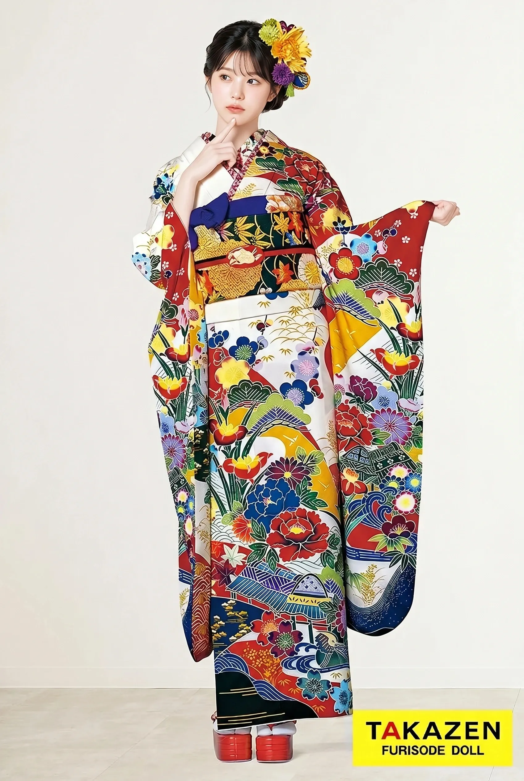 正統派古典　白/赤/からし　京紅型刺繍京友禅　伝統的　正絹振袖ネットレンタル　個性派　32056