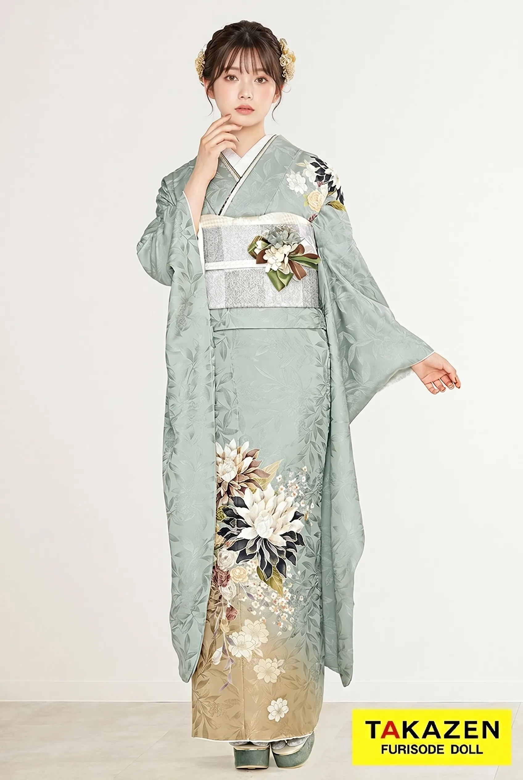 正統派古典　くすみグリーン/淡色　大人っぽいシック　低身長さんにもおすすめ振袖通販　アンティーク調　南琴奈　24051