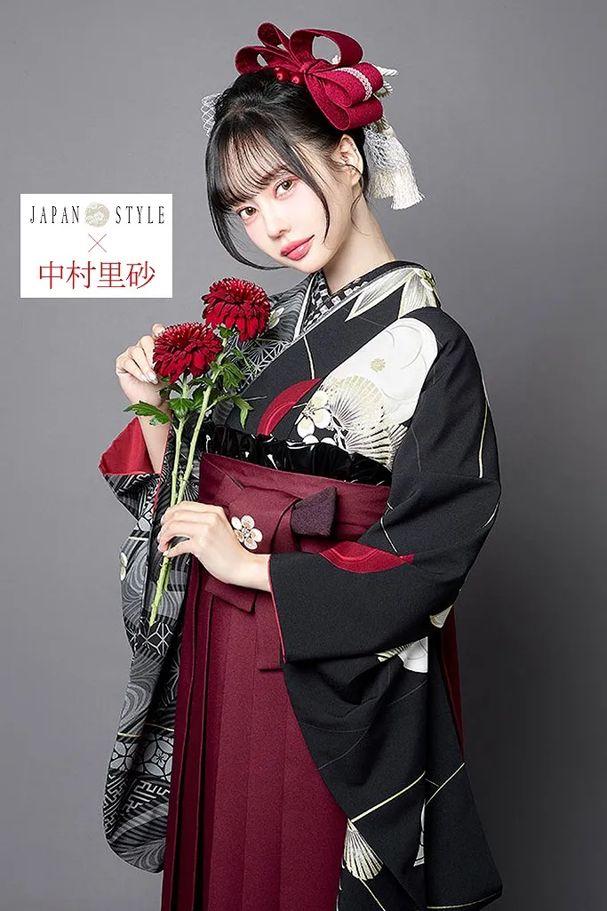 JAPANSTYE×中村里砂ブランド袴ネットレンタル　黒　肩身替り/梅丸紋　かっこいい　きれいめ　渋い　シック　大人っぽい 　R26034