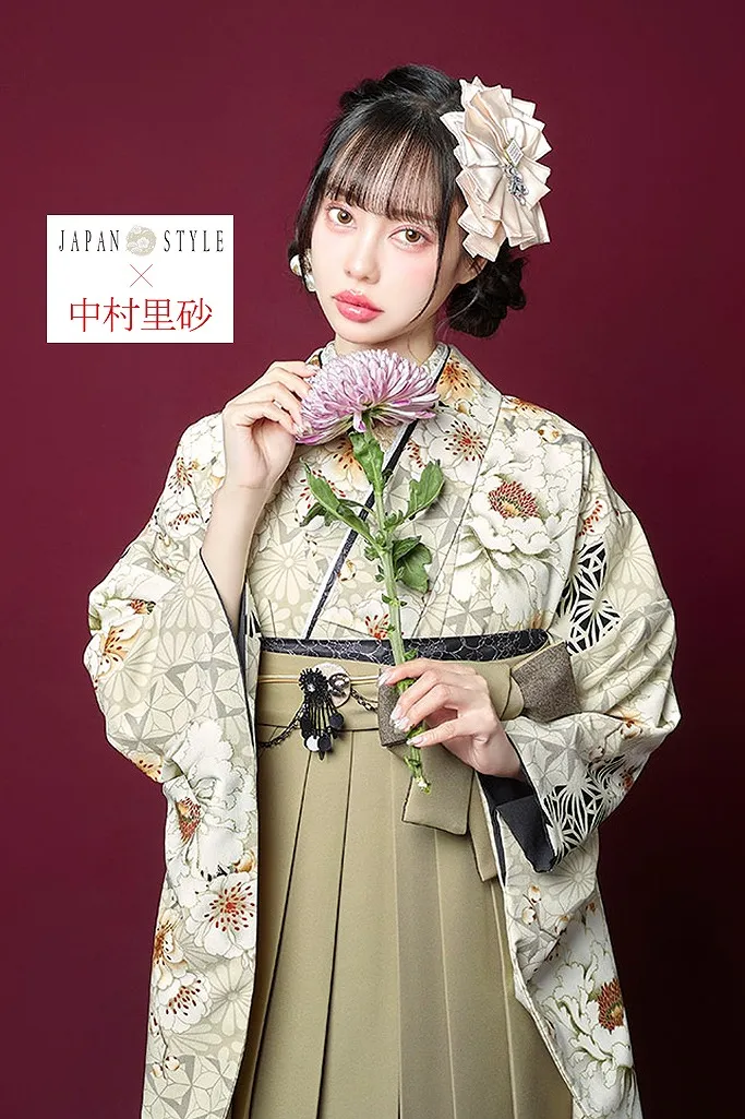 JAPANSTYE×中村里砂ブランド袴ネットレンタル　グレージュ/ダスティーカラー　牡丹柄/八重桜　きれいめ　おしとやか　古典柄　R26038
