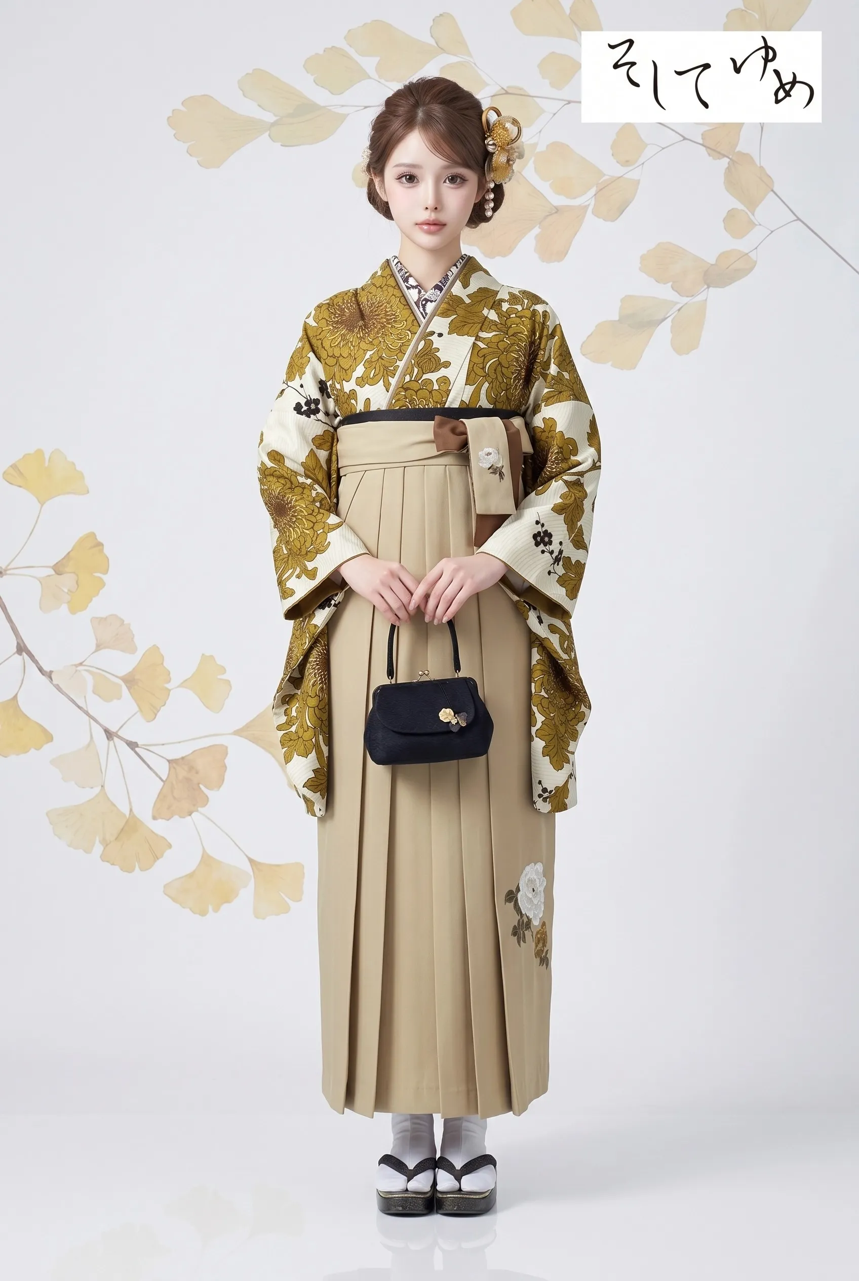 そしてゆめブランド袴ネットレンタル　古典柄　ベージュ/からし　乱菊柄　大人っぽい　かっこいい　R25069