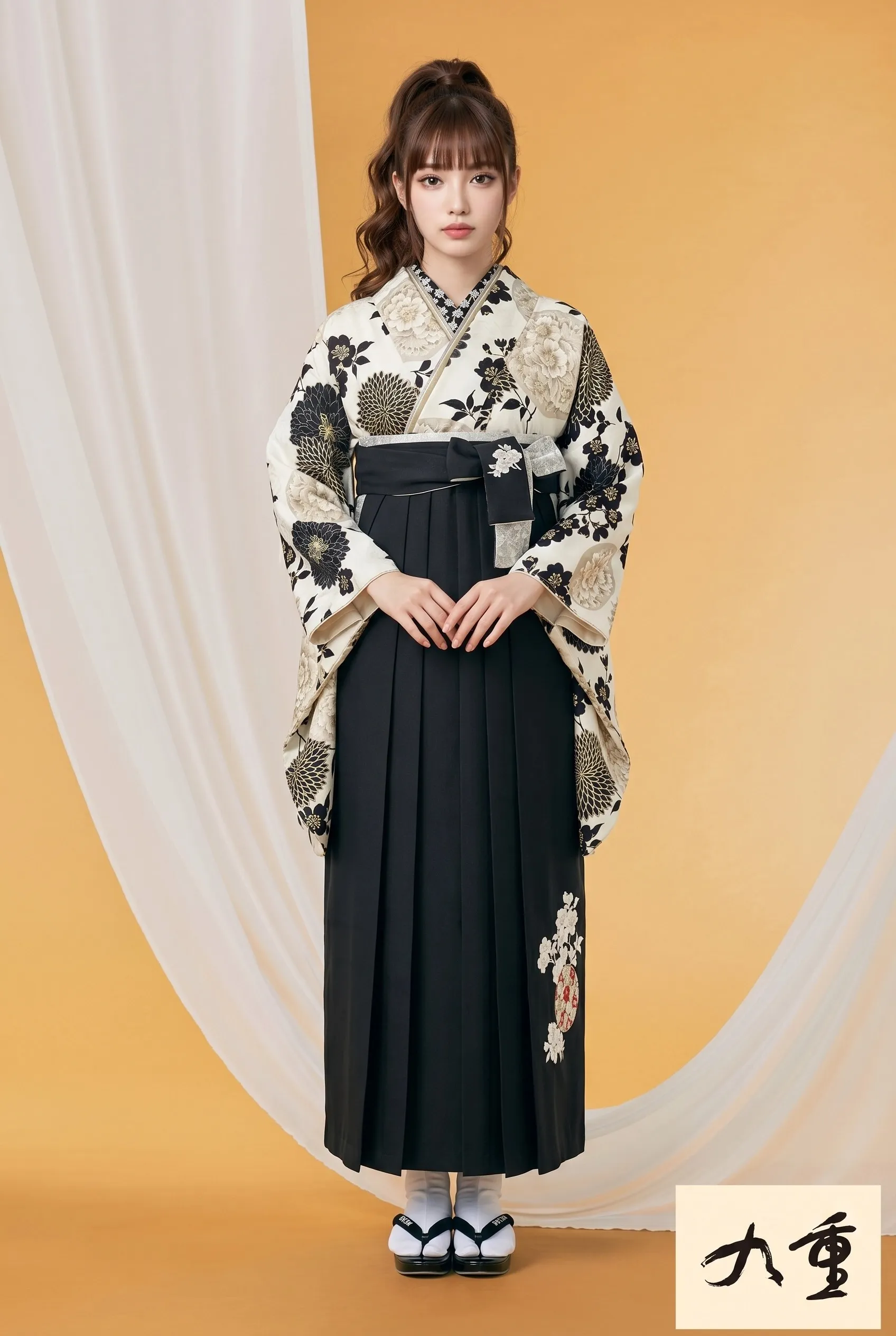 九重ブランド袴ネットレンタル　古典柄　白/黒　菊柄　王道　和風　大人っぽい　R25078