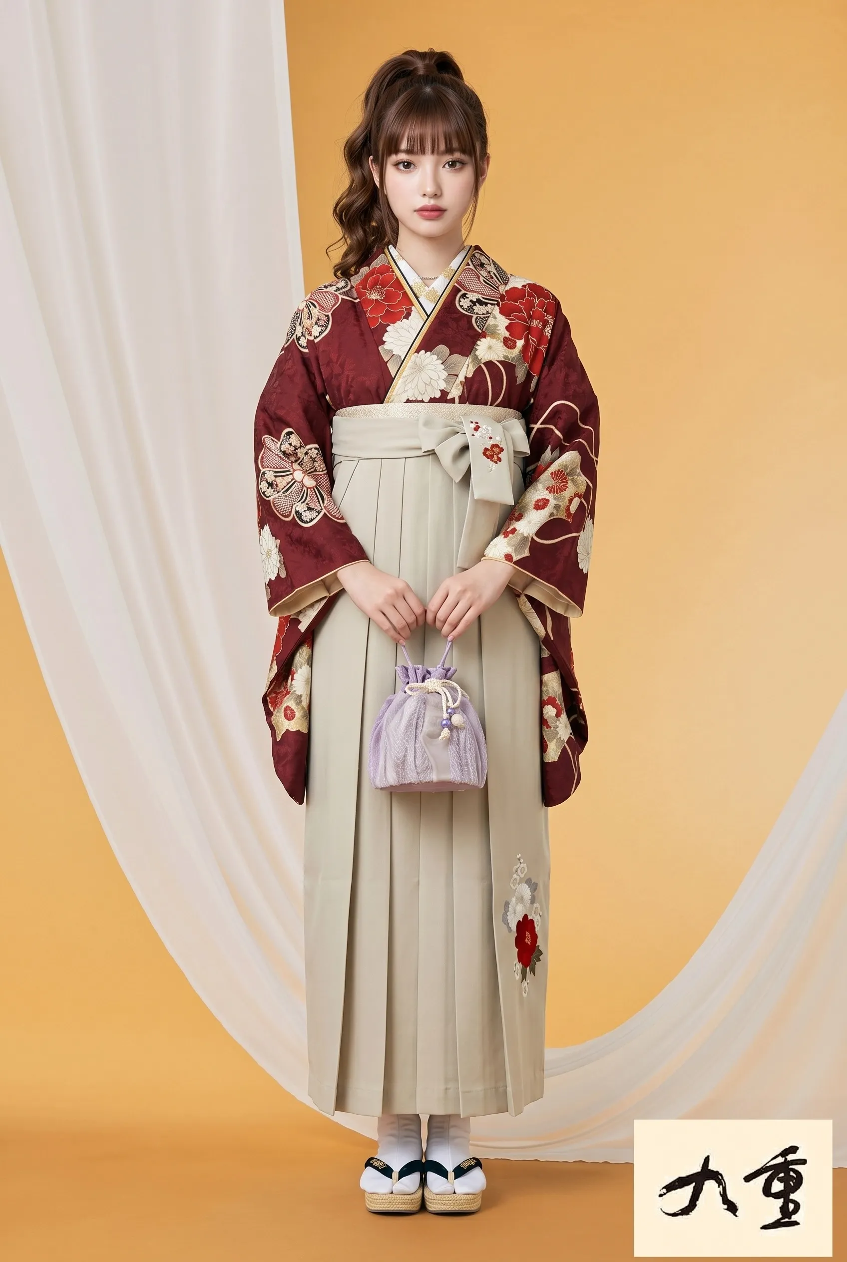 九重ブランド袴ネットレンタル　エンジ　牡丹柄　モダン　古典柄　華やか　きれいめ　大人っぽい　古風　大正ロマン　R26053