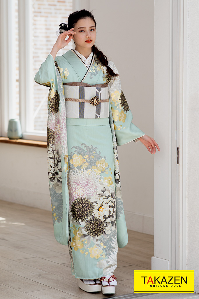 くすみカラー古典　水色/白色　すっきり乱菊柄　上品　可愛らしい振袖　K455