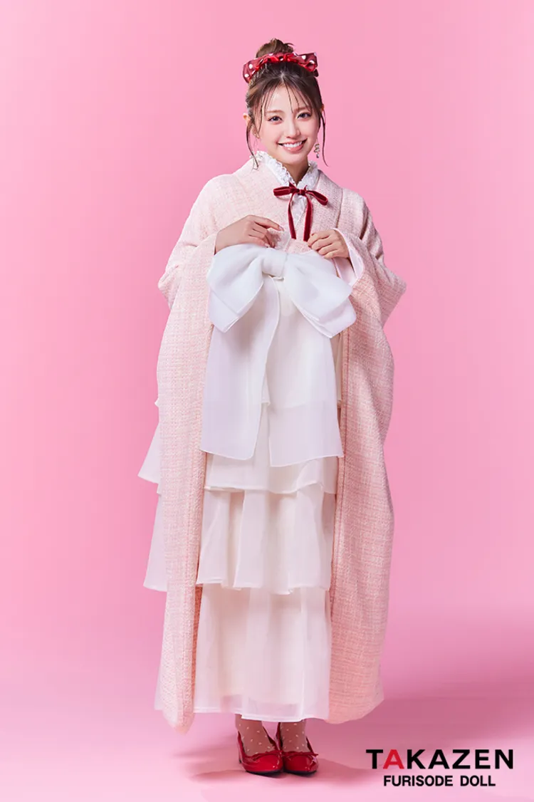 最新作ヘップバーン袴ネットレンタル　ピンク　ツイード　シフォンドレス袴　おしゃれ　かわいい　ガーリー　リボン小物コーデ　香音　LH15