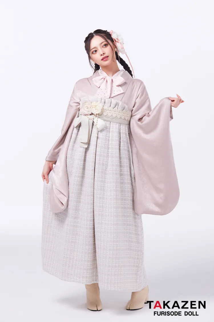 最新作ヘップバーン袴ネットレンタル　くすみピンク　無地　ツイード袴　ガーリー　かわいい　リボン小物コーデ　Shiho　LH20
