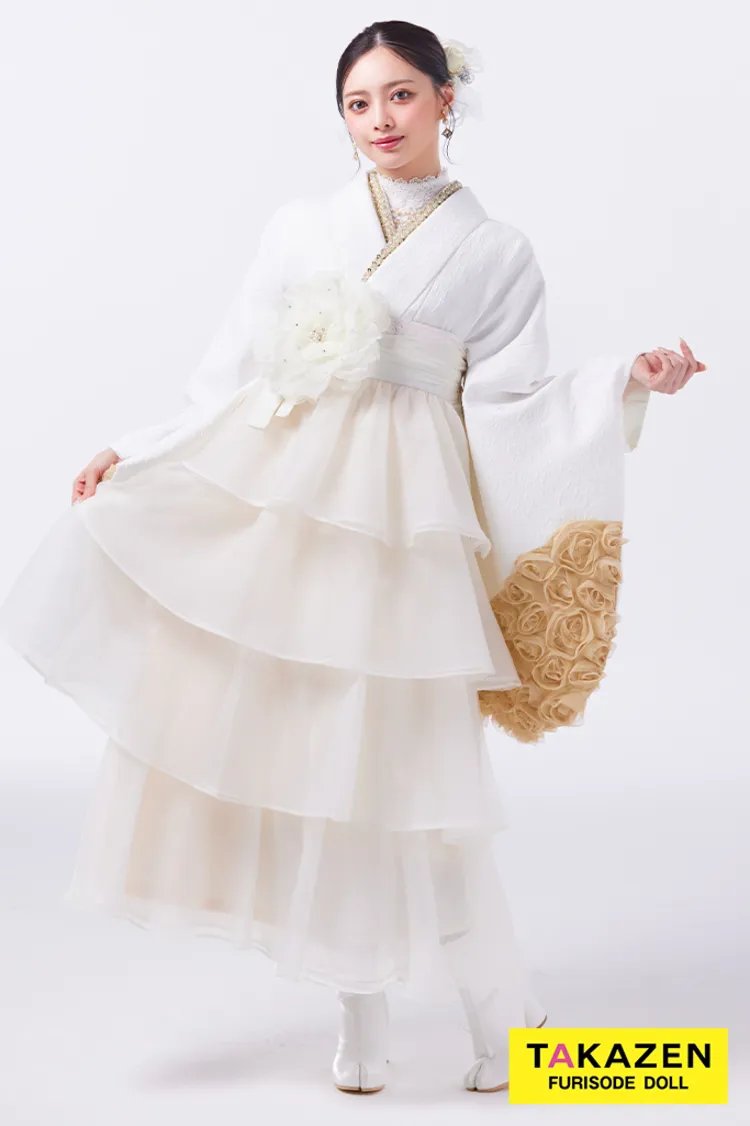 最新作ヘップバーン袴ネットレンタル　白/ホワイト　立体花　フリルドレス袴　大人っぽい　エレガント　レースインナーコーデ　Shiho LH24